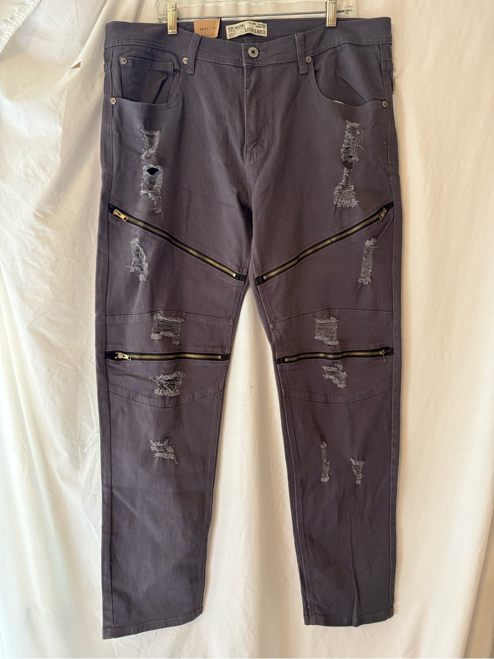 Men's Distressed Cargo Pants with Diagonal Zippers - Charcoal